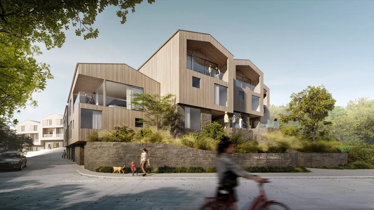 Street elevation of Two Mile Terraces by day