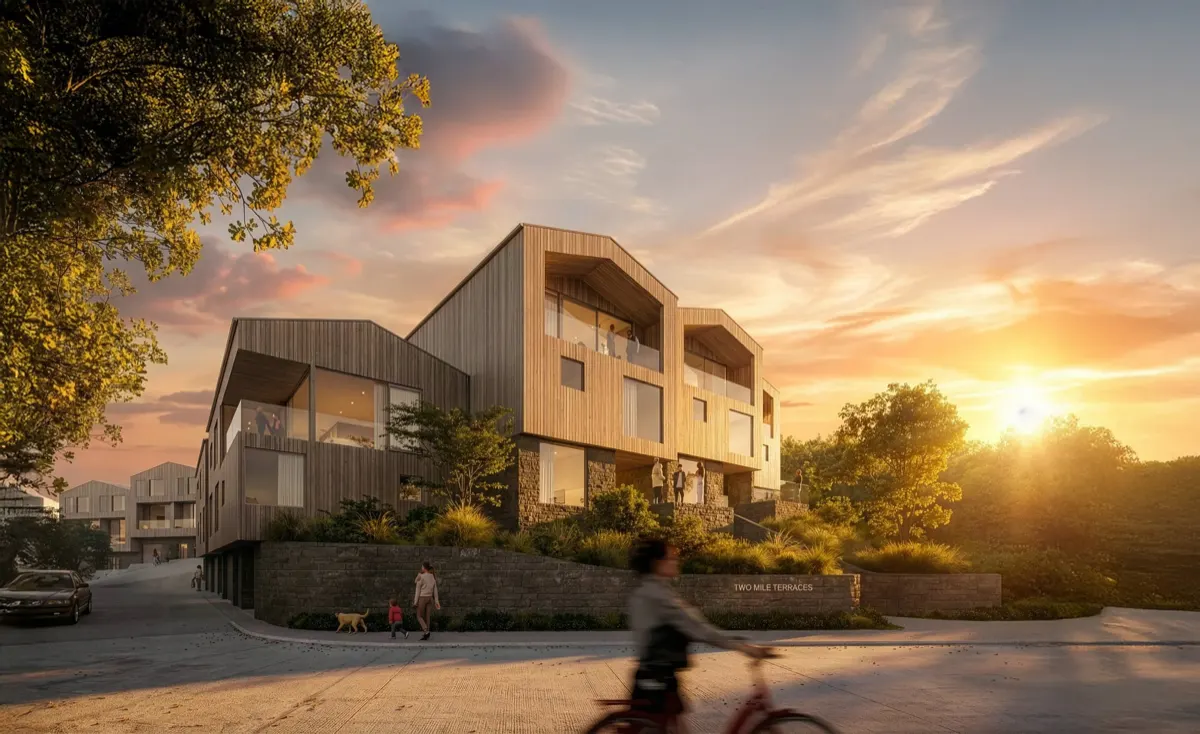 Two Mile Terraces at sunset, timber-clad residences above a stone wall, artist impression